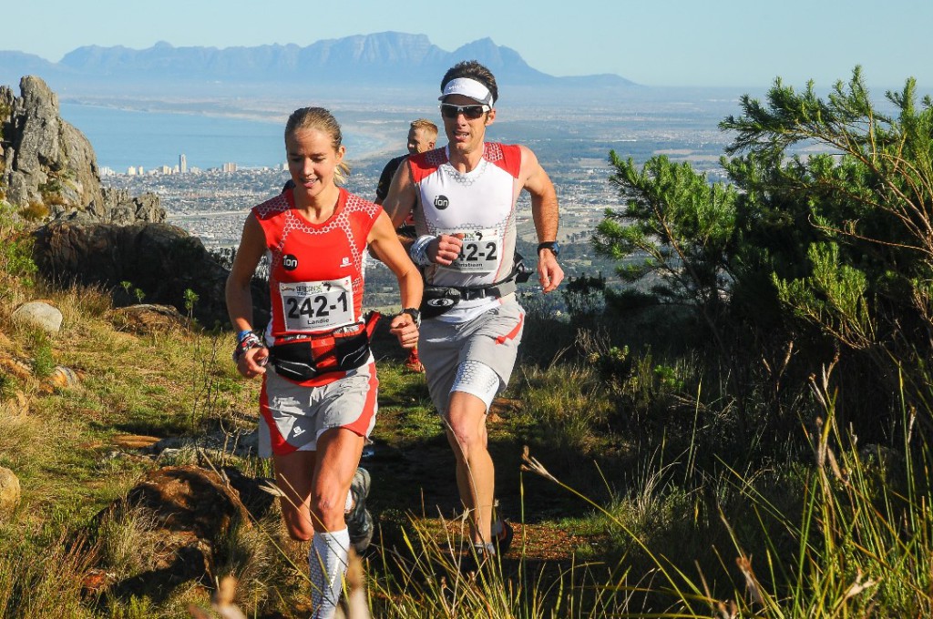 Landie and Christiaan Greyling in action during the 2013 ProNutro AfricanX Trailrun presented by New Balance.  PHOTO CREDIT:  Jetline Action Photo